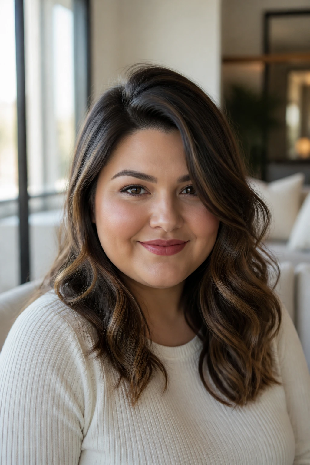 Portrait of a real woman with off-center part and soft waves flattering a round face.