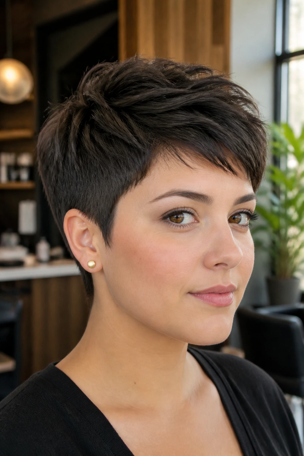 Real person with crown-length top pixie emphasizing crown and temple work for a round face
