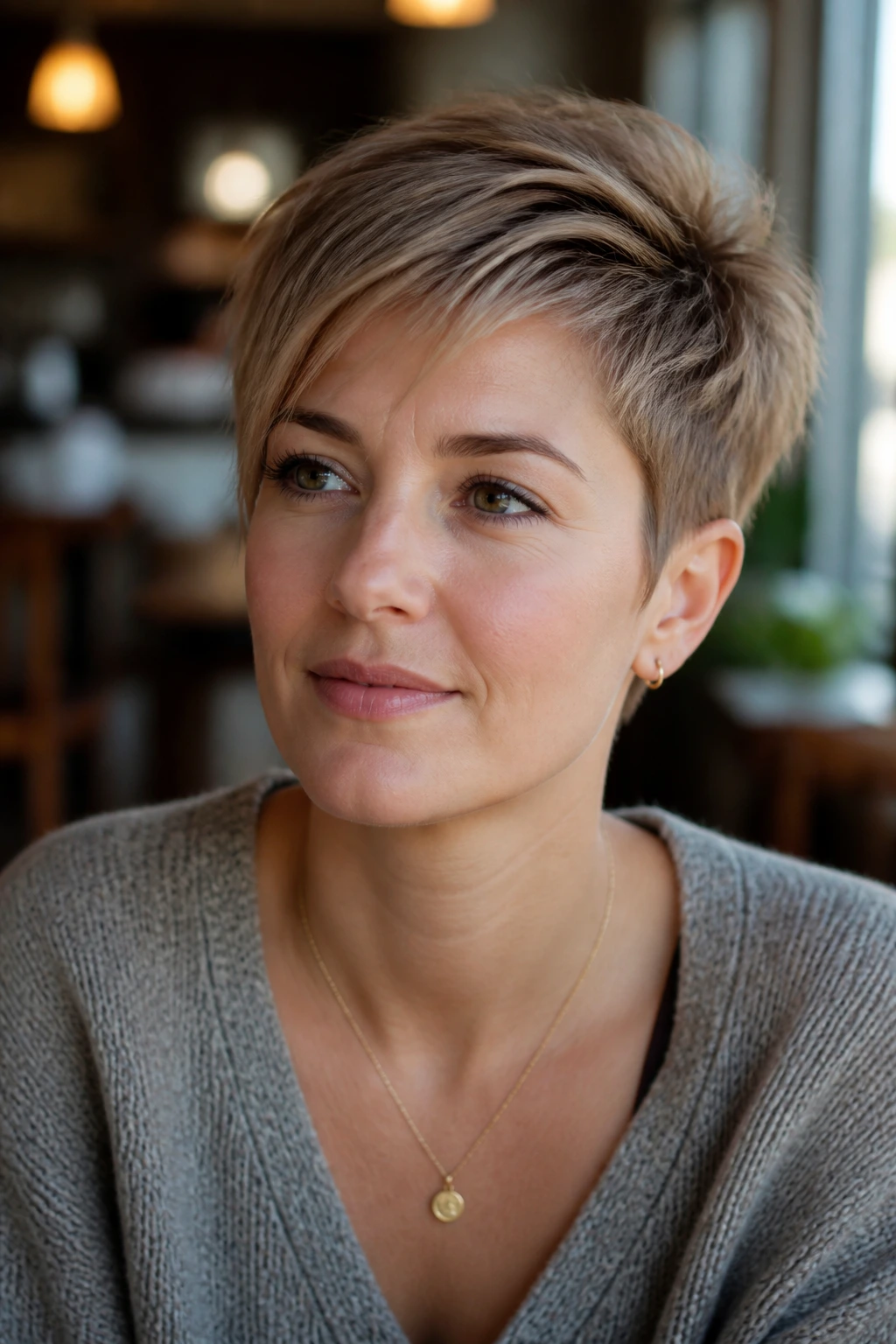 Real woman with pixie cut highlighting diagonal lines for round face