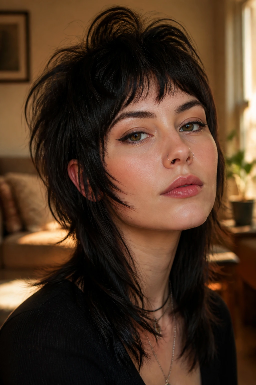 Close-up portrait of a real person with a shaggy rocker hairstyle showing crown lift and diagonal framing for round faces.