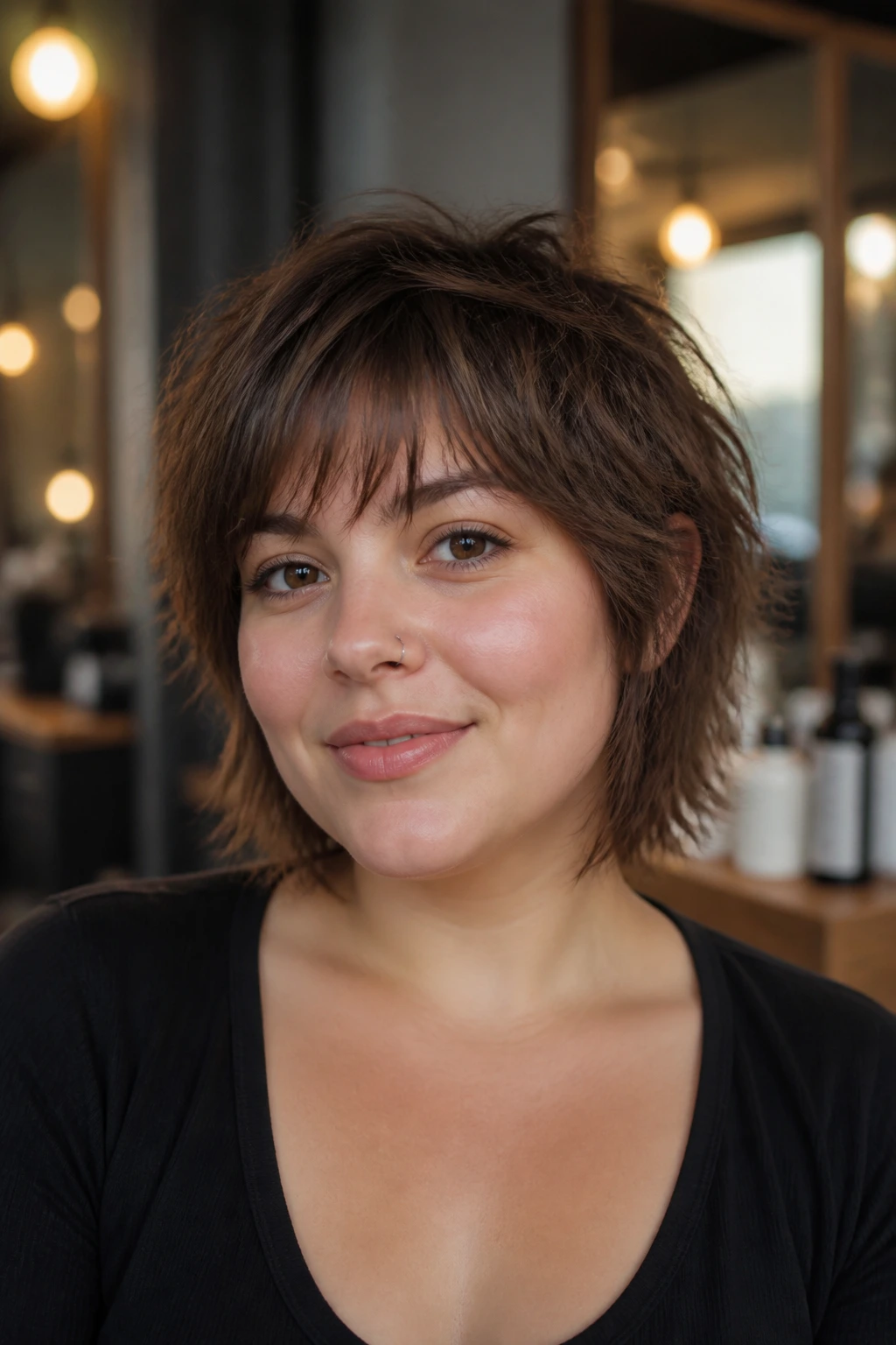 Real woman with round face wearing a messy short shag in a salon setting