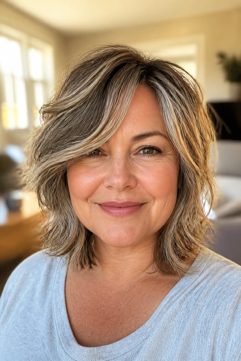 Portrait of real woman with round face wearing a diagonal, face-framing shag