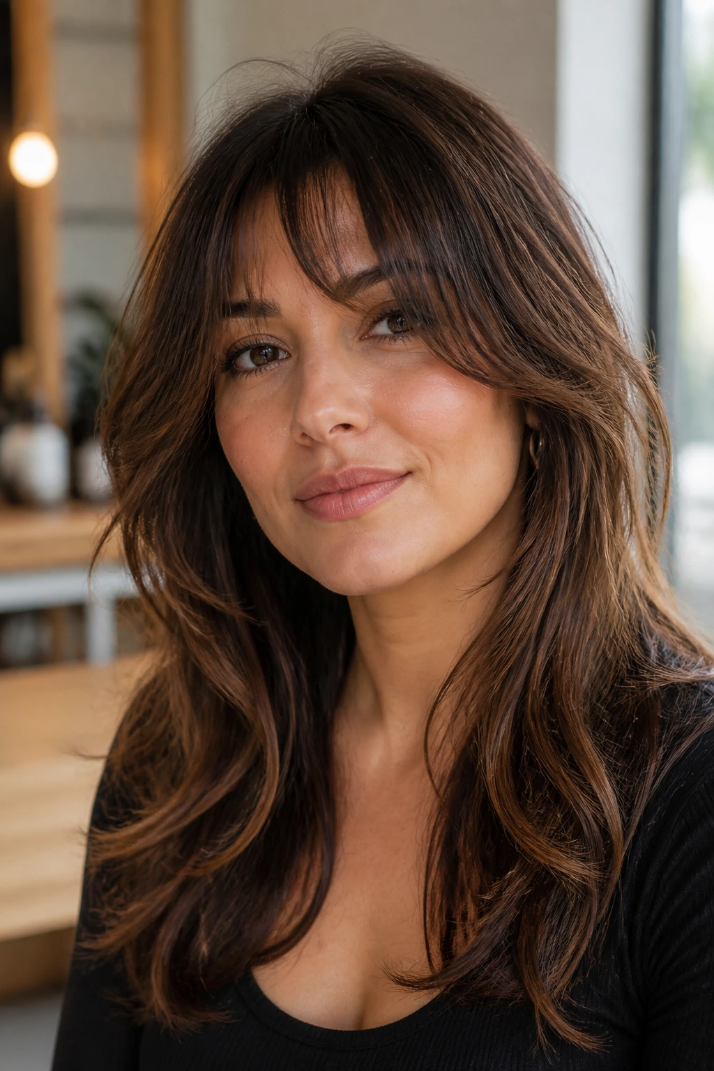 Portrait of a woman showing crown lift and styled front layers