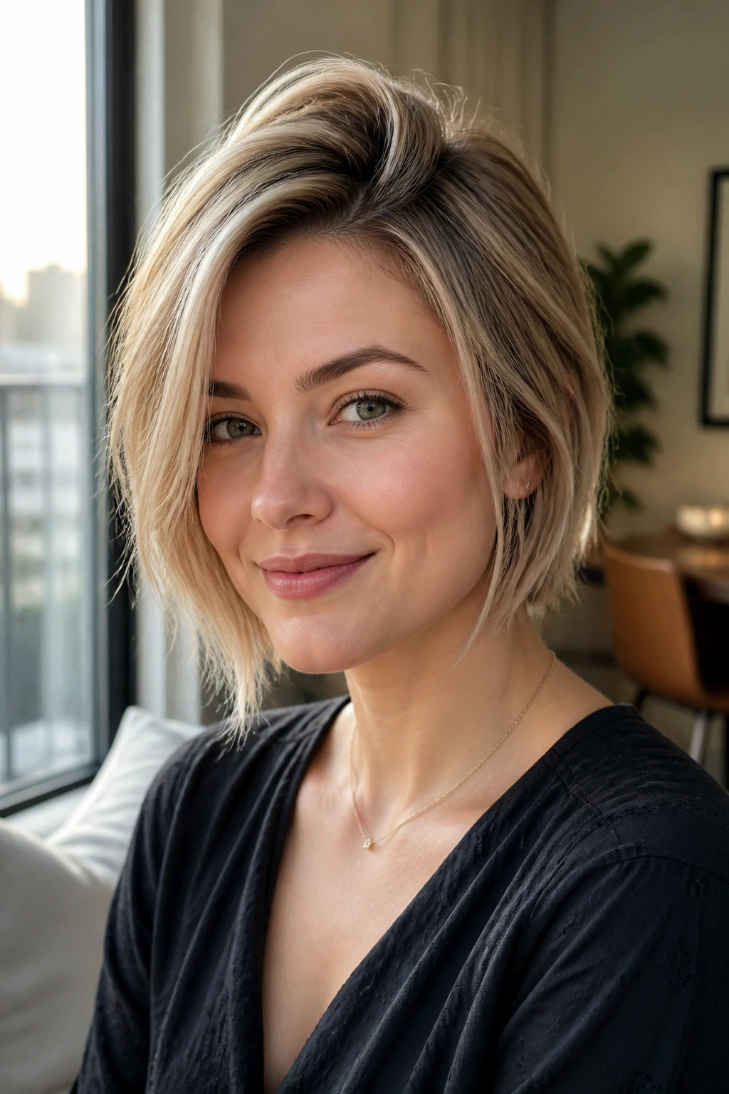 Portrait of a real woman illustrating face-framing rules for round faces with fine hair.