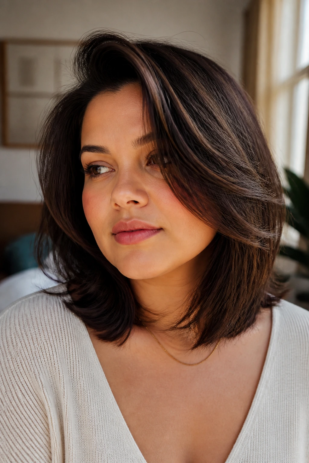 Close-up portrait of a round-faced woman with thick hair styled below the chin, crown volume