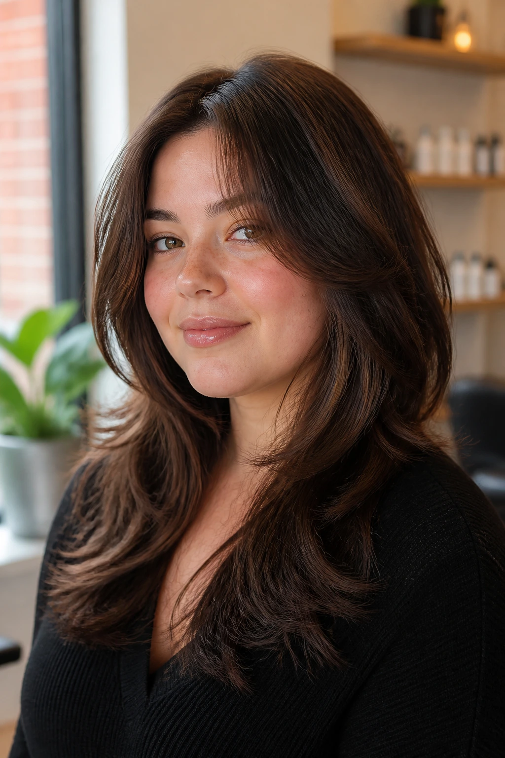 Close-up portrait showing round-face features and thick hair styled with downward front pieces and soft edges.