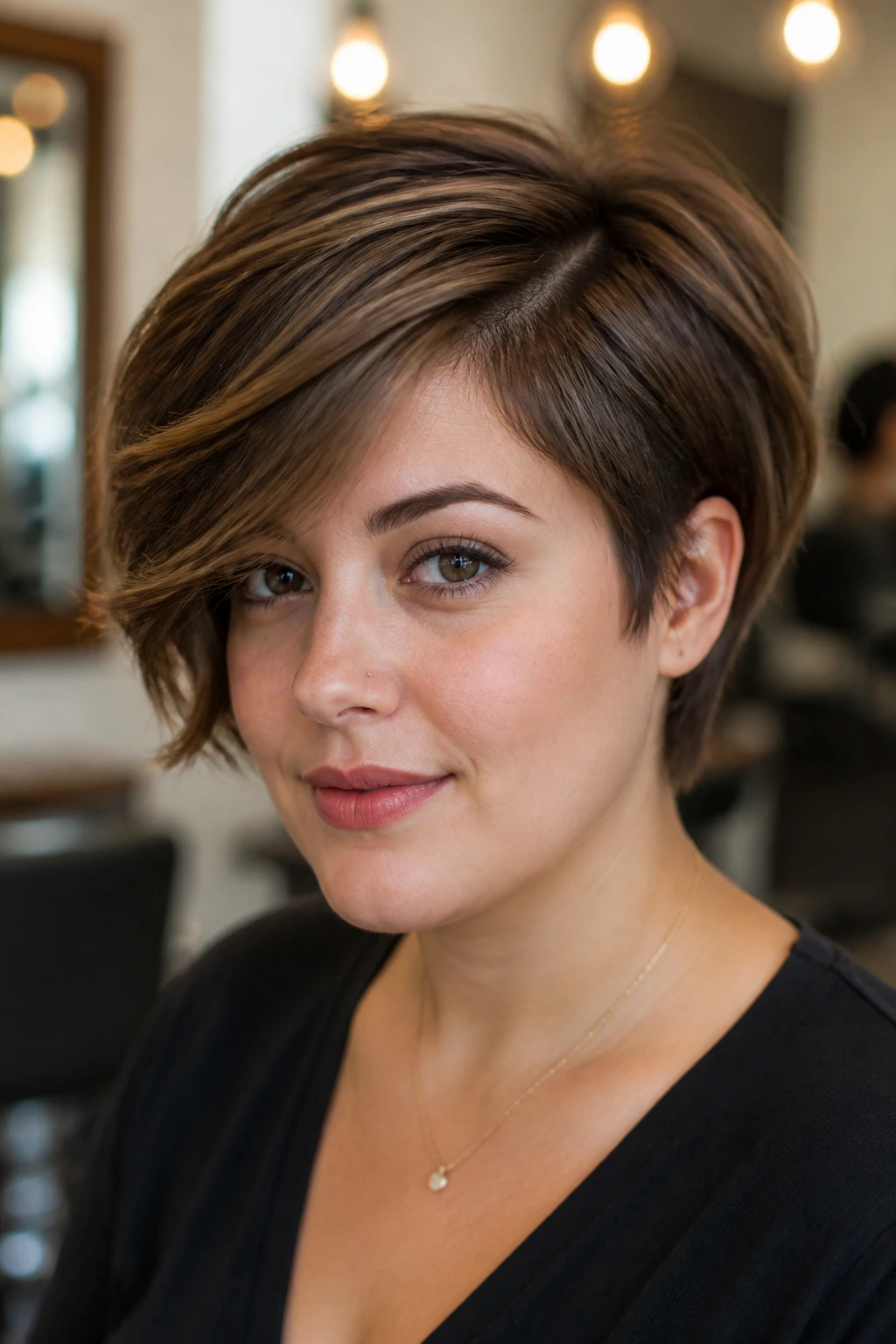 Portrait of a real woman with deep side part and soft fringe in a short cut