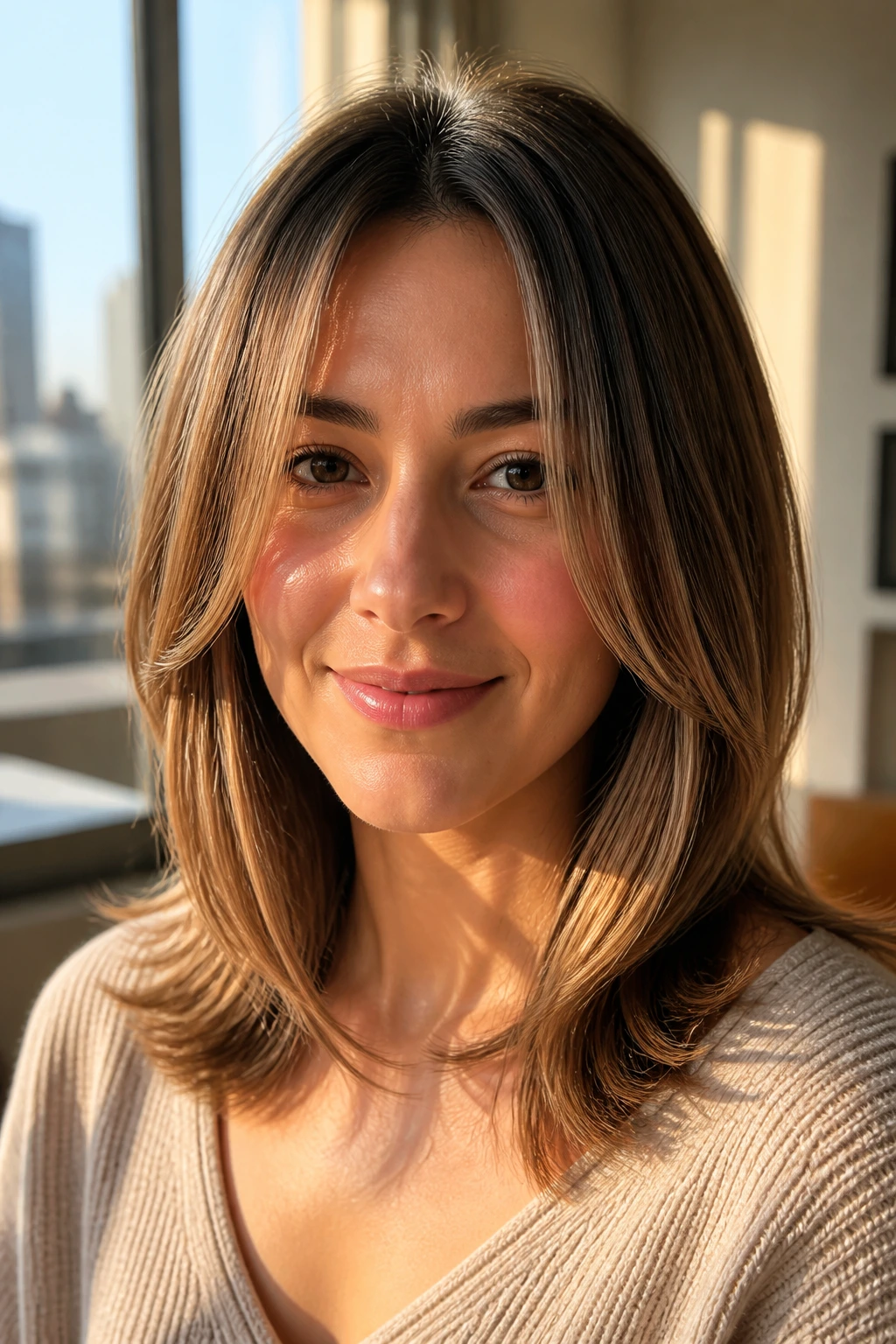 Portrait of a real woman with round-face balancing lob featuring vertical layers.