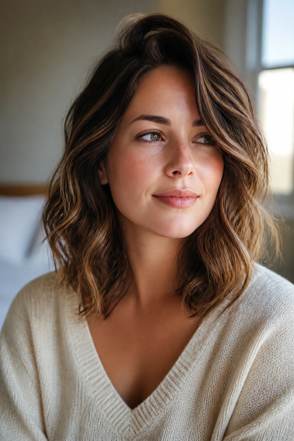 Close-up portrait of a real woman with long waves falling past the jawline toward the collarbone.