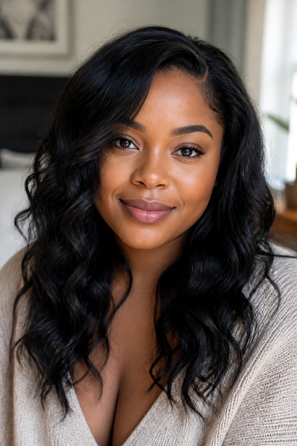 Close-up of a woman with diagonal wavy hair framing a round face