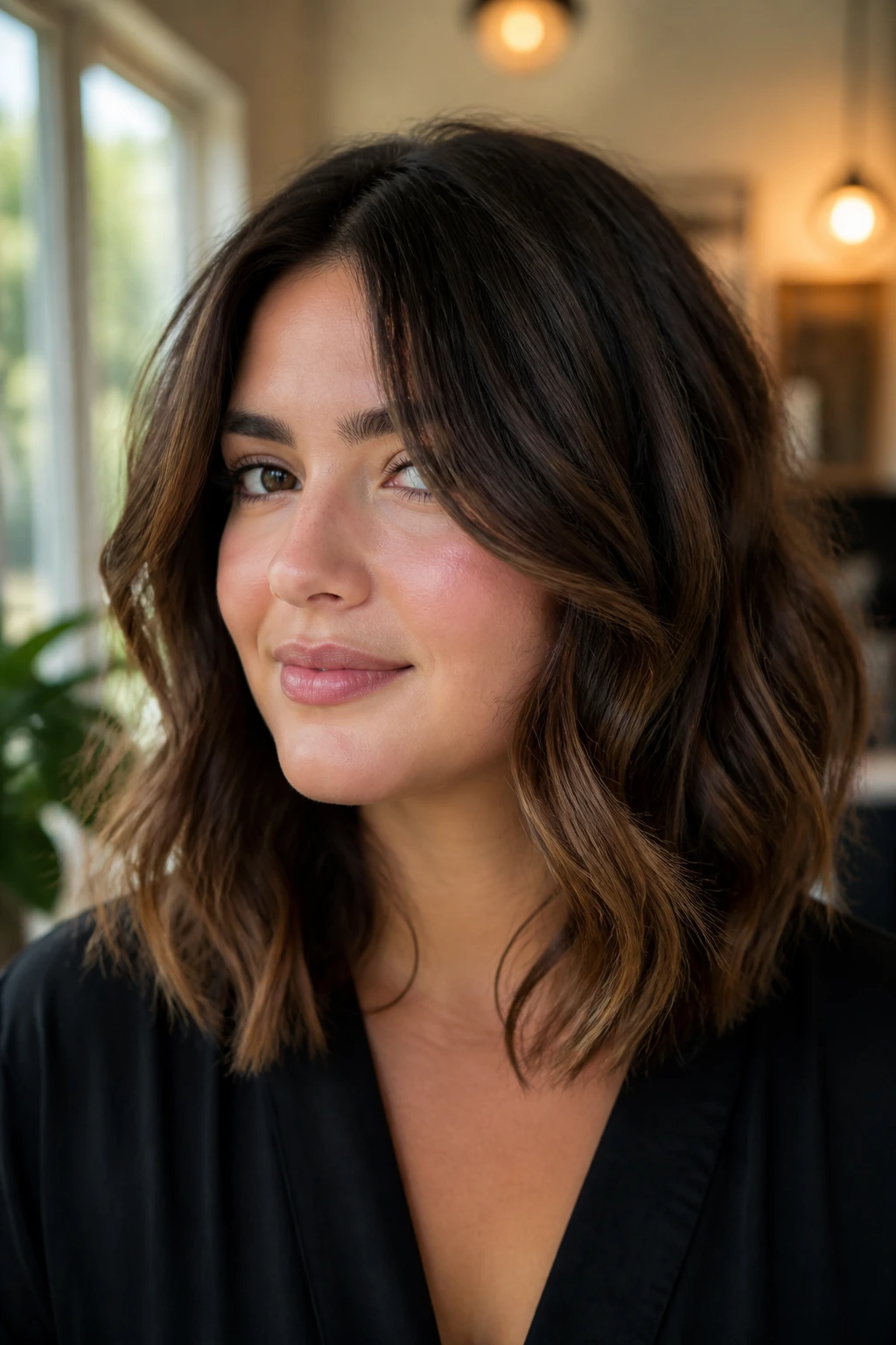 Portrait of a round-faced woman with vertical-framing mid-length wavy cut