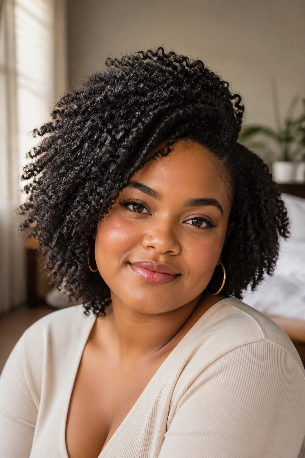 Close-up portrait of a real woman with round face and crown-lift hairstyle in warm natural light
