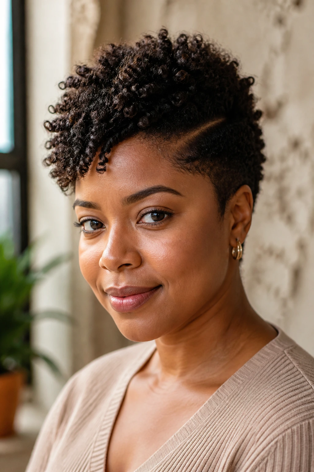 Close-up of a real person with crown-lift hairstyle for round faces in warm window light