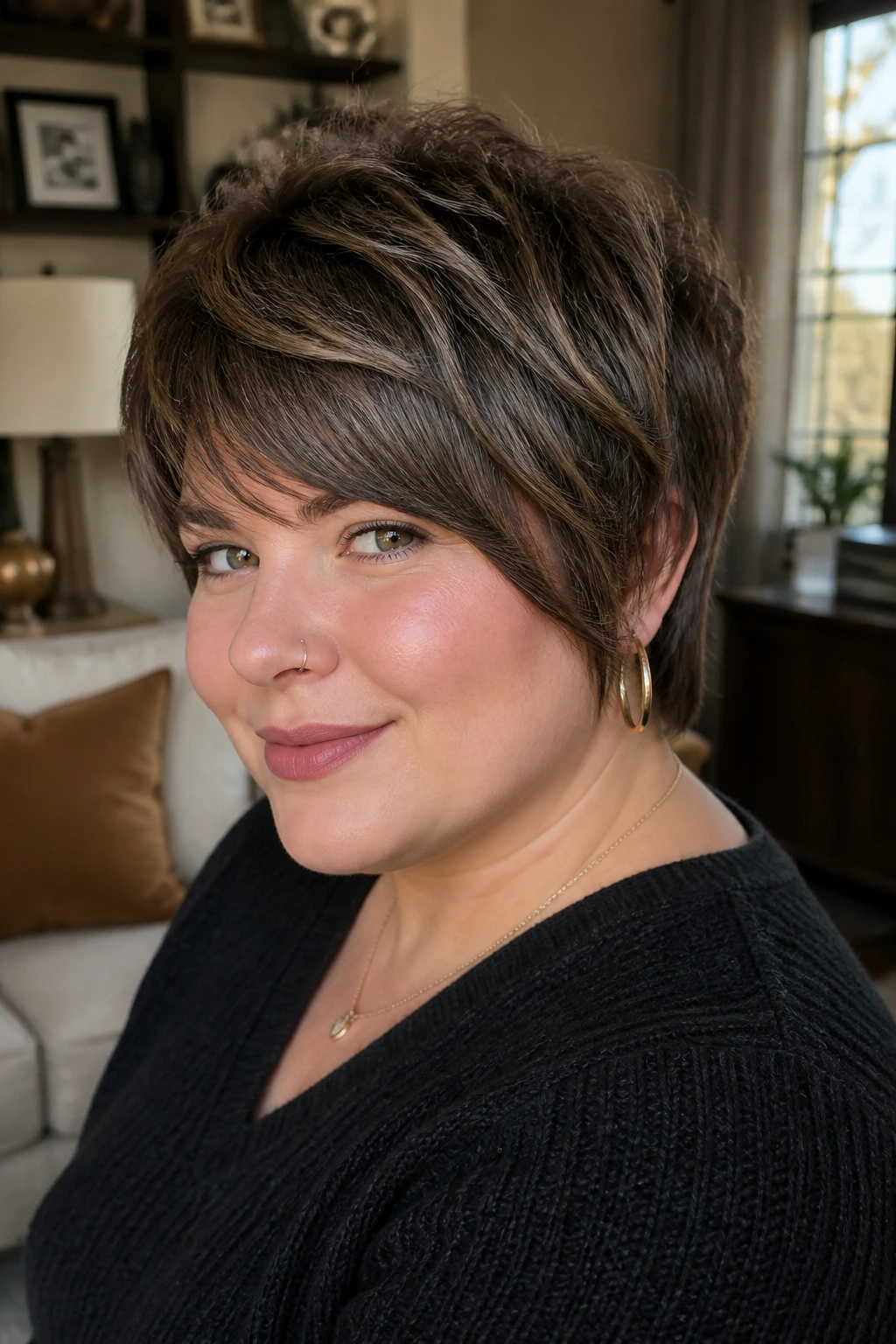 Portrait of a real person with a round face wearing a shag transition pixie cut with crown lift and diagonal fringe