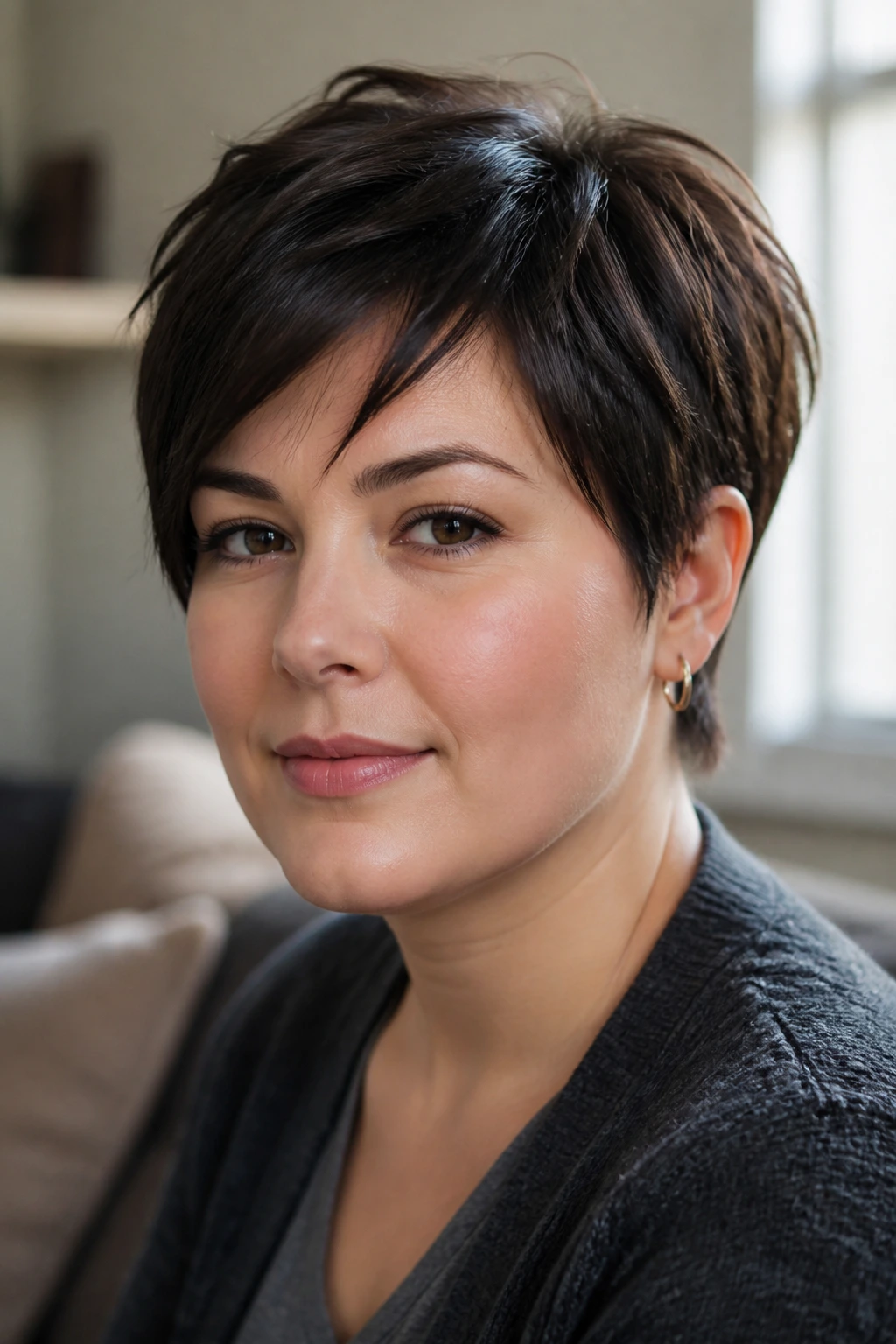 Close-up portrait of a person with a round face in warm indoor light