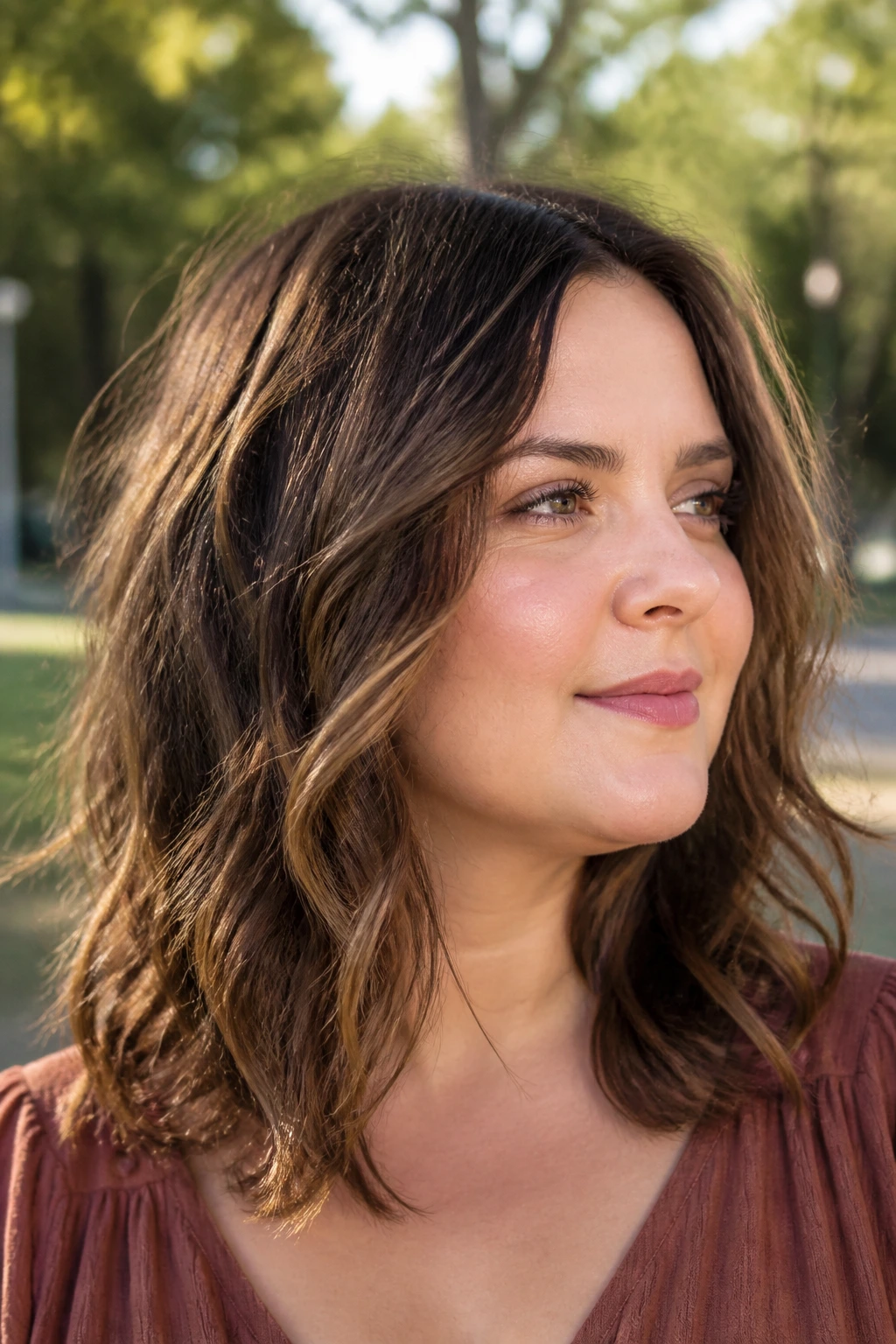 Close-up of a real person with wavy hair designed to elongate the face in natural light