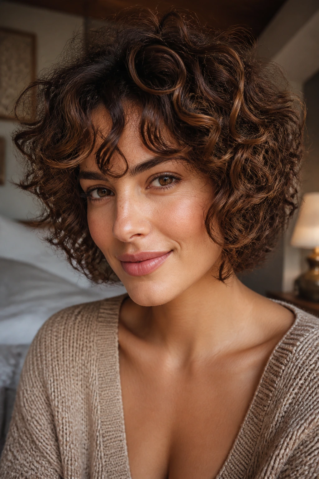 Real woman with round layered curly cut and caramelized brunette lowlights in warm light
