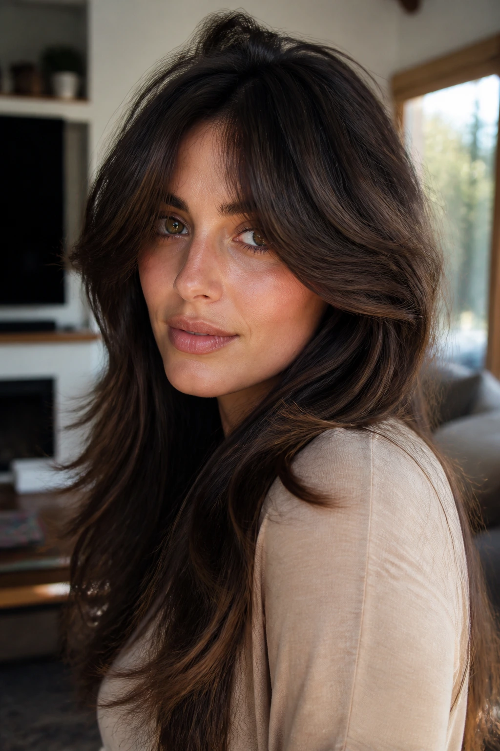 Close-up of a woman with voluminous round layers and a bottleneck fringe in natural daylight