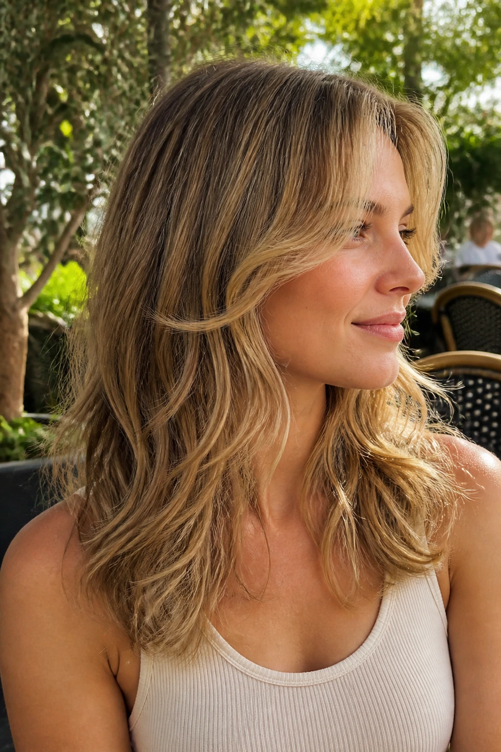 Real woman with round layers following head shape and soft waves