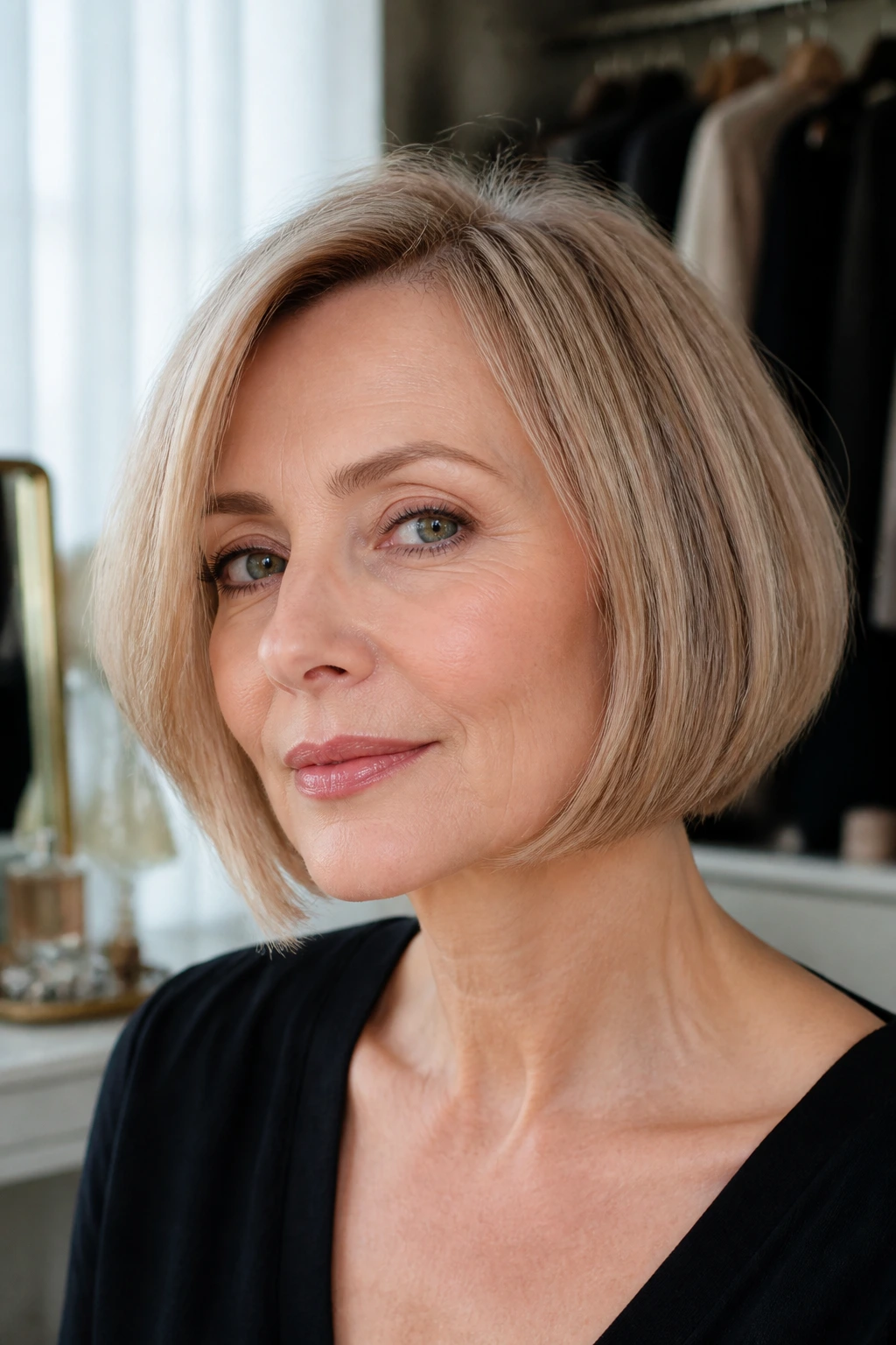 Portrait of a woman with a rounded bob highlighting the round silhouette for fine hair