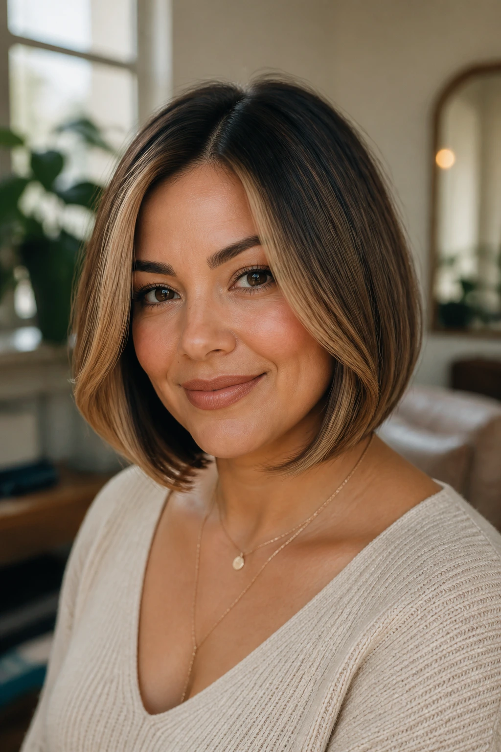 Portrait of a real woman with rounded A-line bob and honey face-frame highlights
