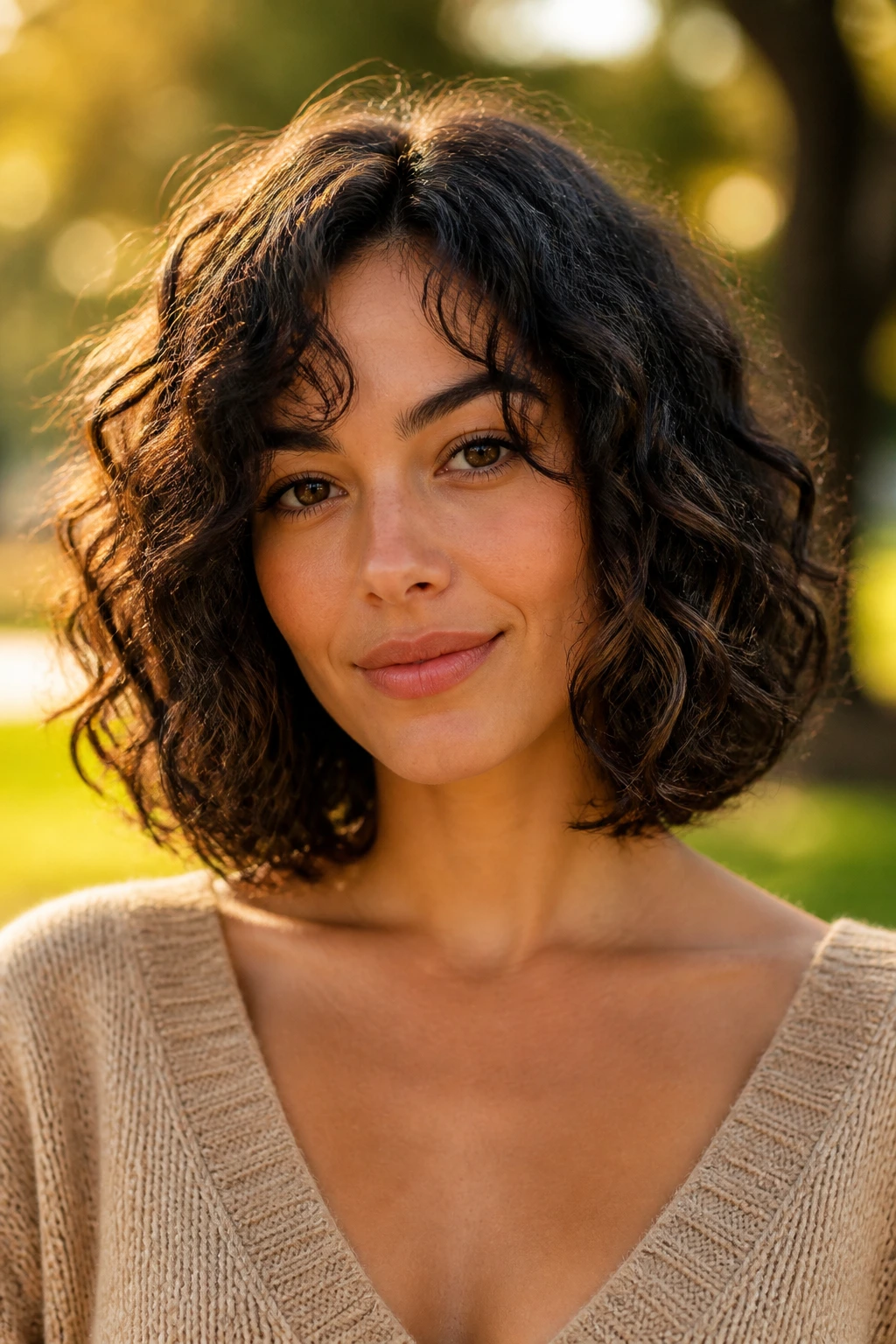 Close-up portrait of a real woman with a rounded A-line lob in golden-hour park light.