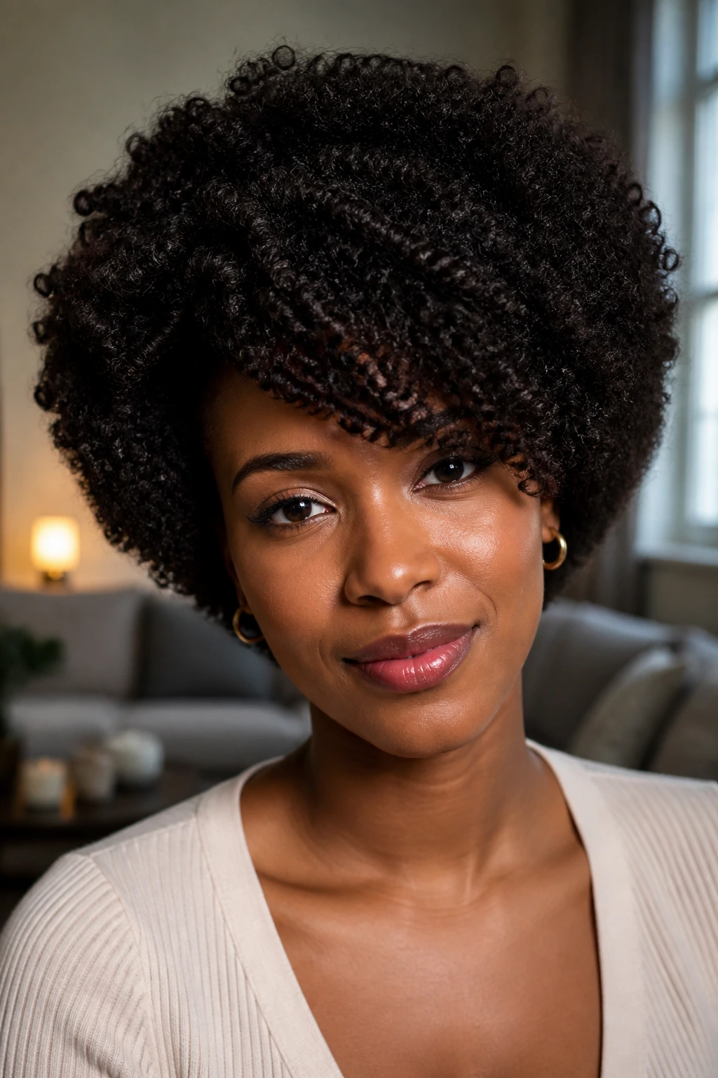 Close-up of a real woman with a rounded afro and an asymmetric fringe