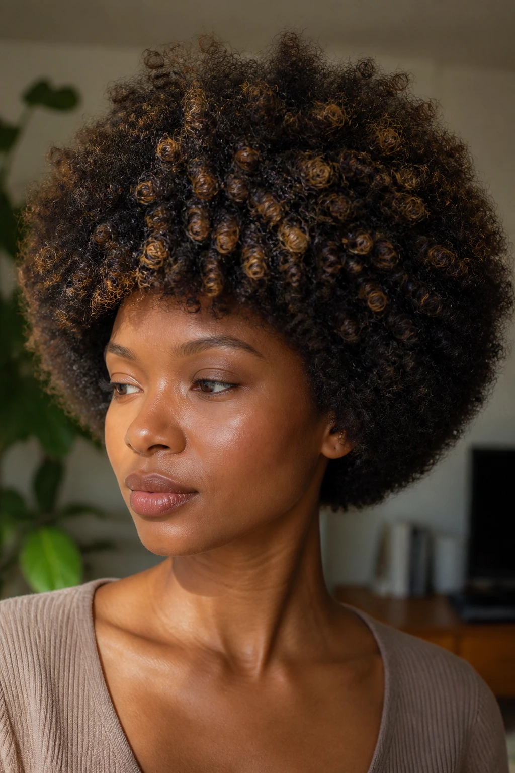 Real woman with rounded Afro and scattered babylights