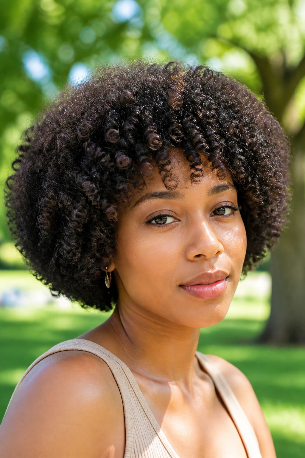 Close-up portrait of a real person with a rounded Afro Bob.