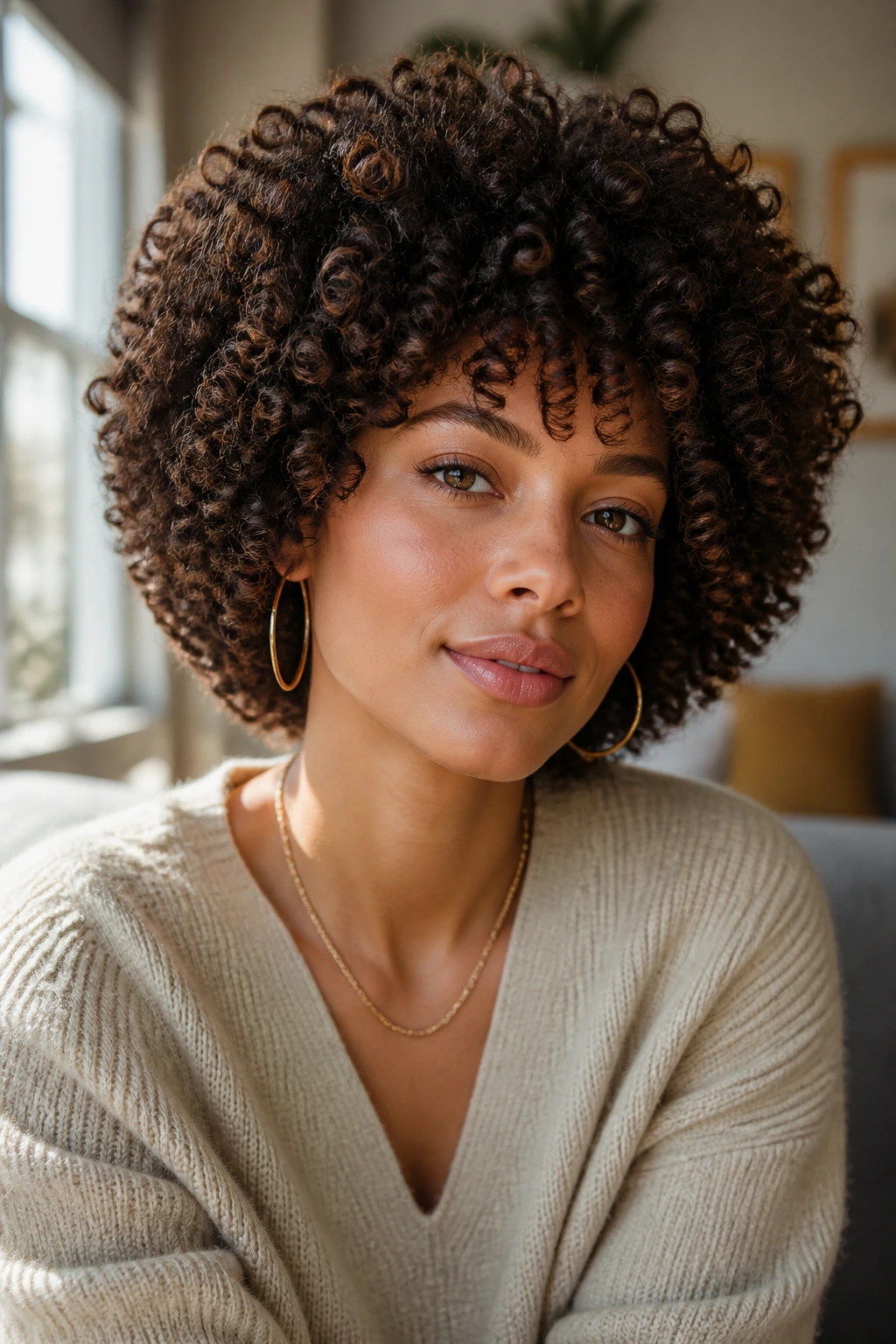 Close-up portrait of a real woman with a rounded afro bob and defined curl silhouette.