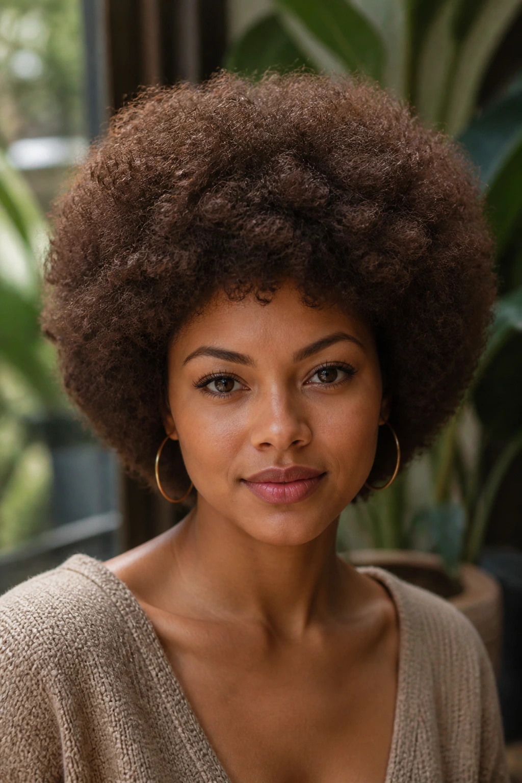 Close-up portrait of a woman with a rounded afro and soft side shaping