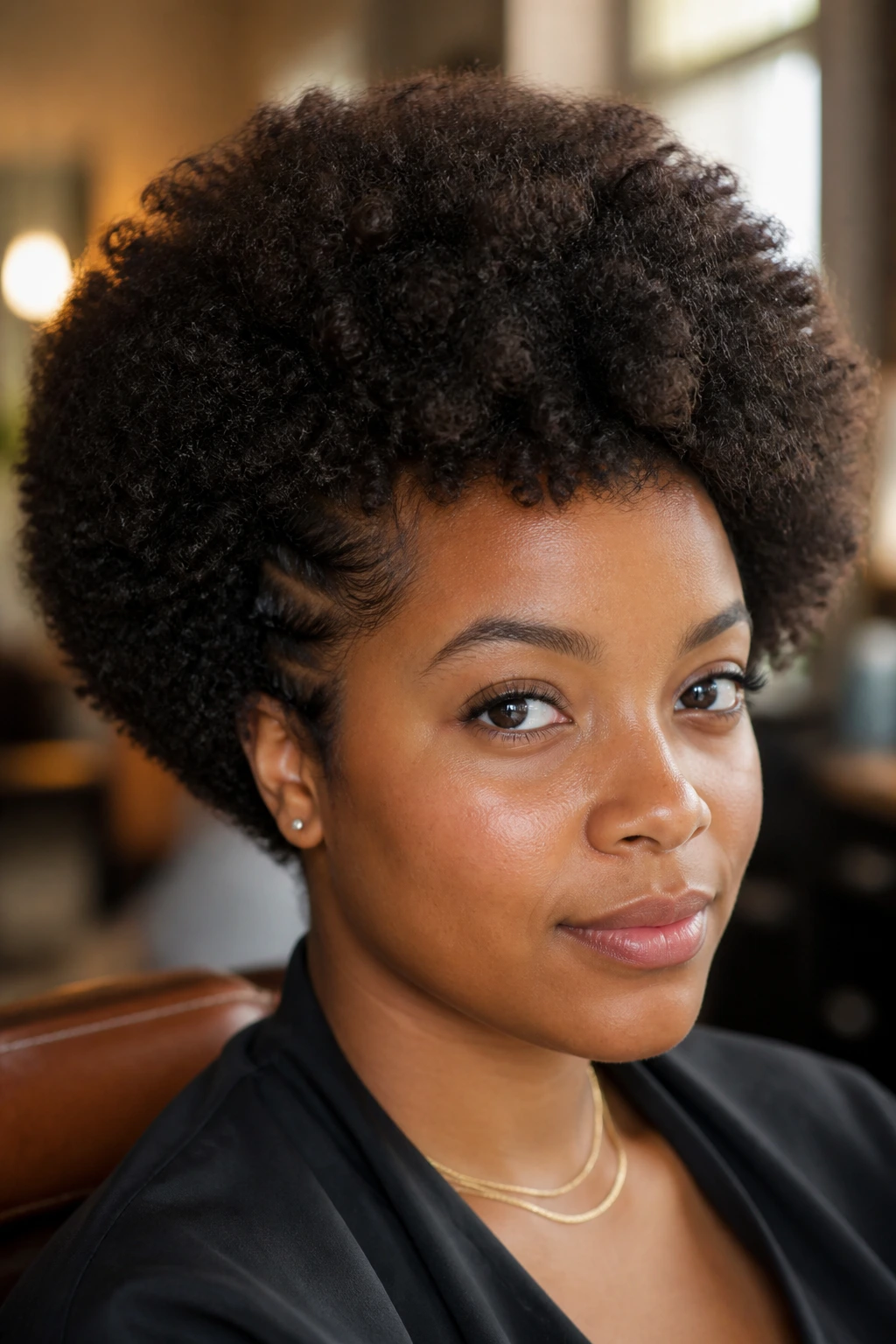 Close-up of a rounded afro with carved layers and lifted crown on a real person