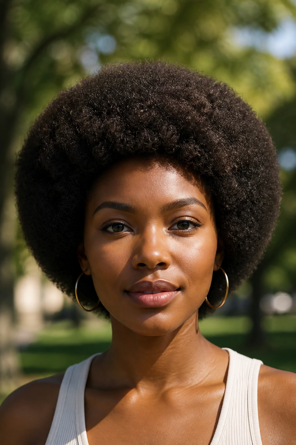 Front-facing close-up of a real woman with rounded Afro and crisp edges in natural daylight