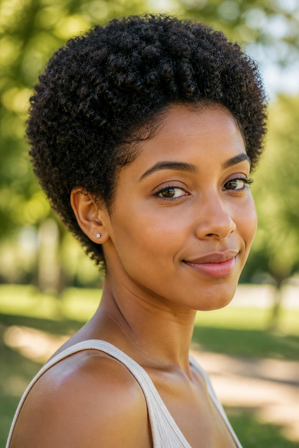 Real woman with rounded afro crop hairstyle in a sunny park.