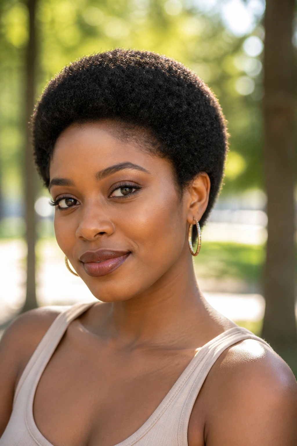 Close-up portrait of a real Black woman with rounded Afro Crop