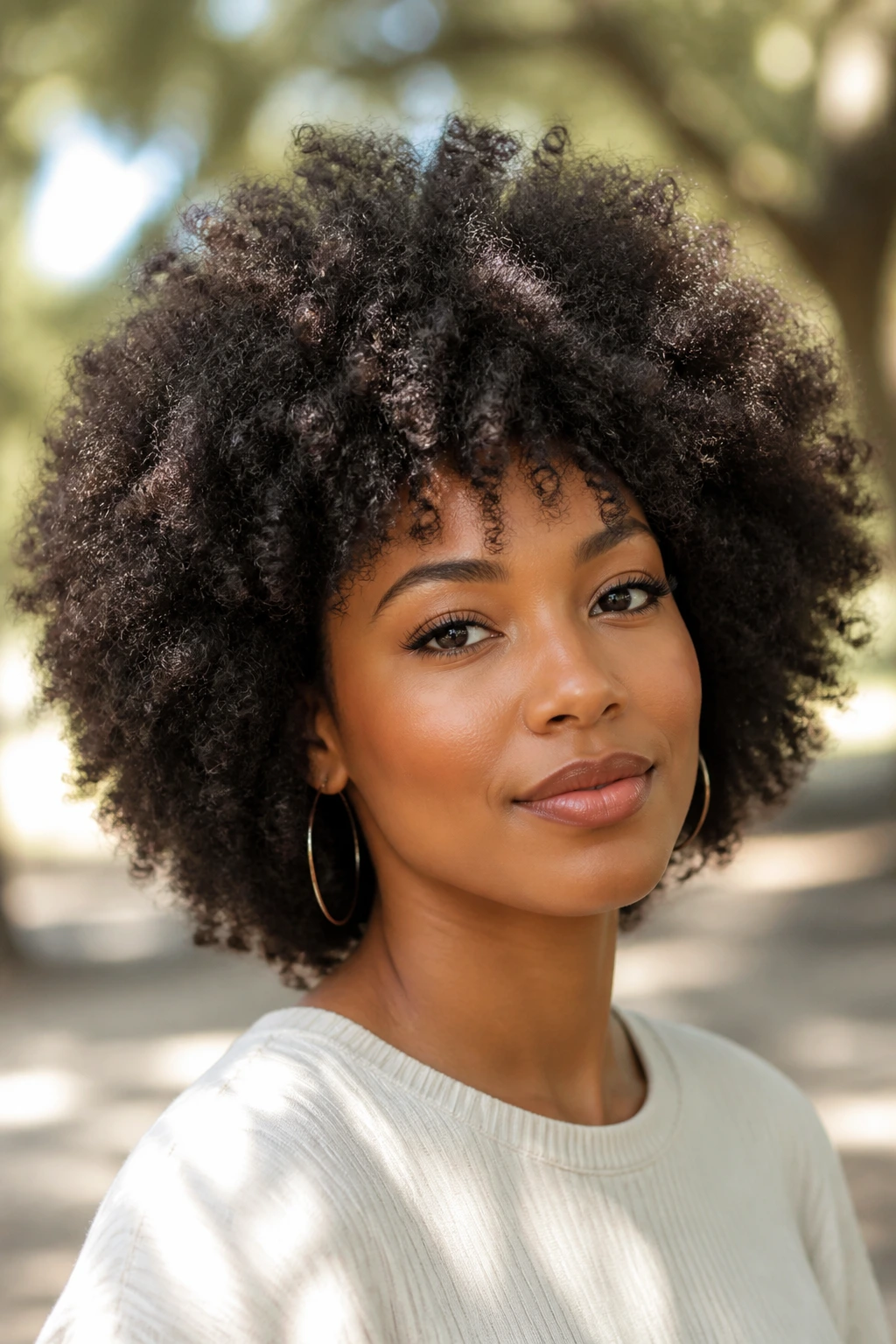 Real woman with rounded Afro and soft crown layers