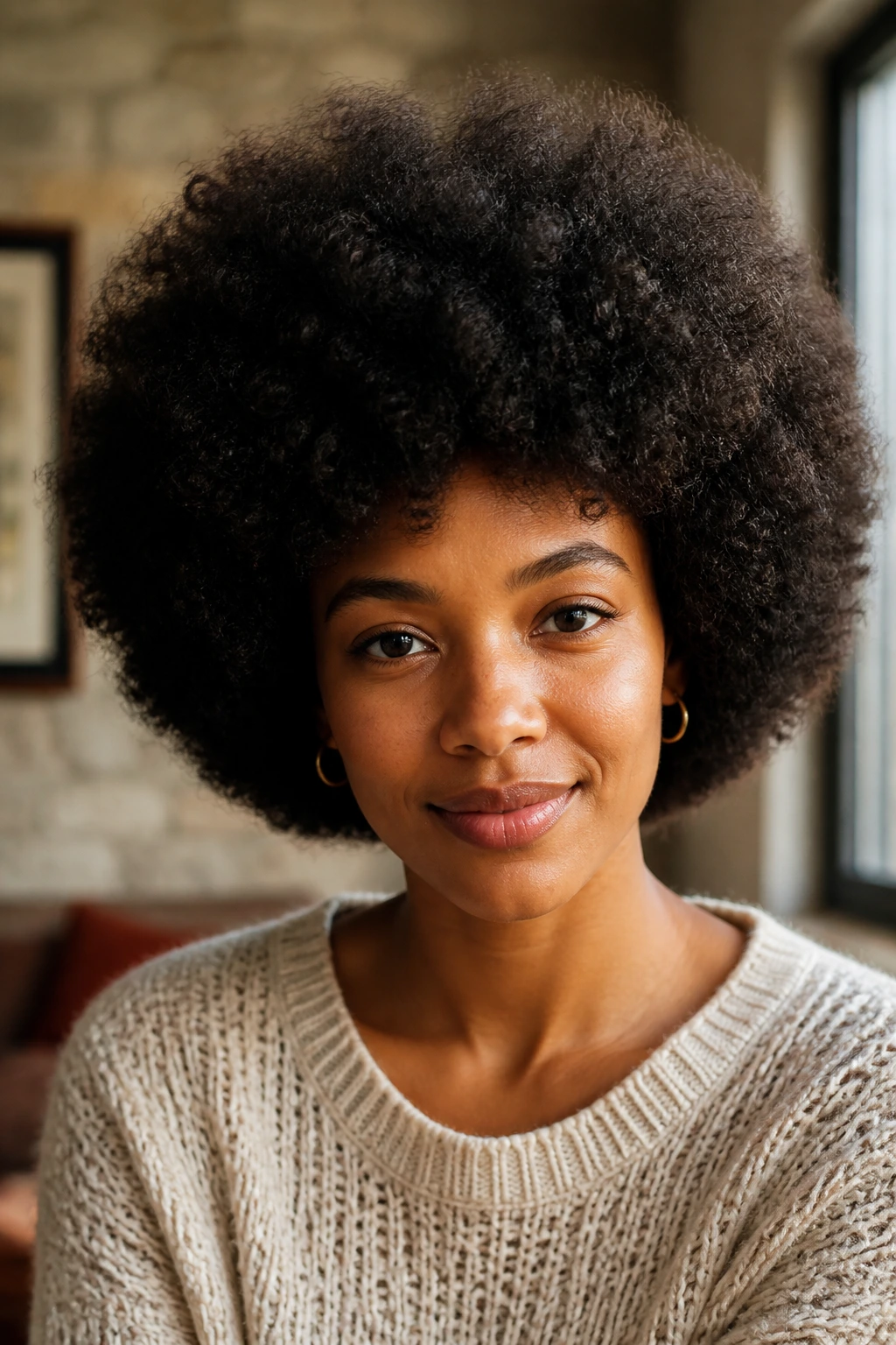 Close-up of a woman with a rounded Afro with soft edges in warm window light