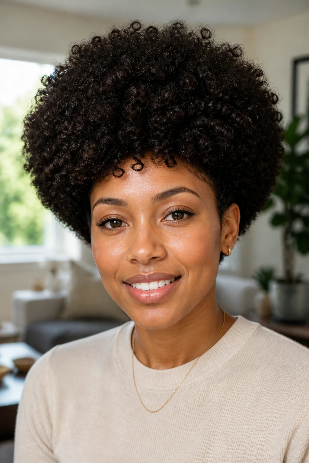 Close-up portrait of a person with a rounded Afro hairstyle.