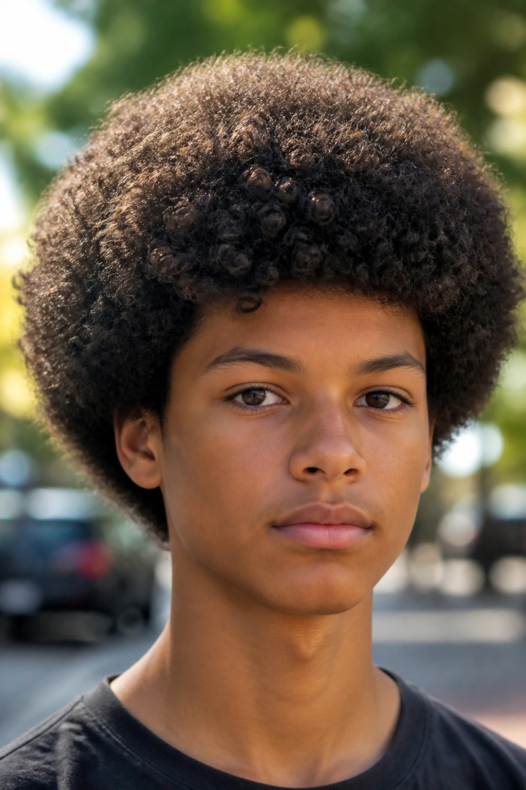 Close-up of a real boy with rounded Afro Shape with soft edges in natural daylight