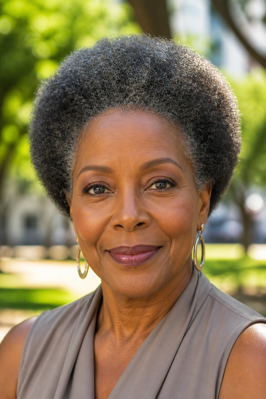 Portrait of a real person with a rounded Afro and defined edges in gray hair
