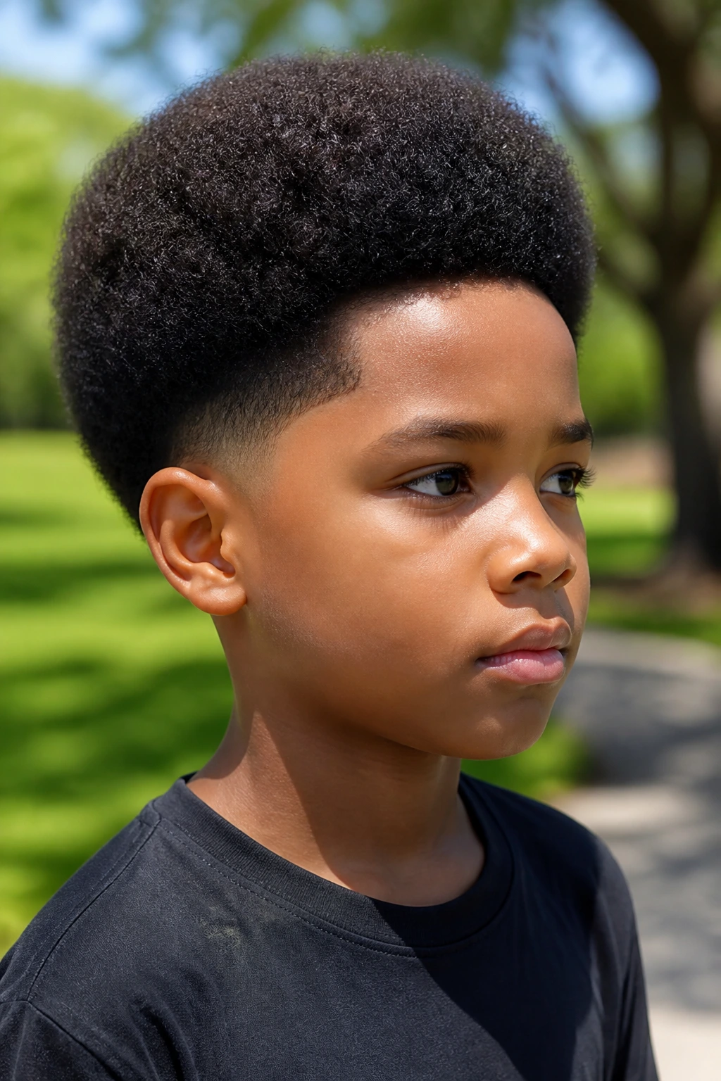 Close-up of a real child with rounded Afro shape and low taper fade