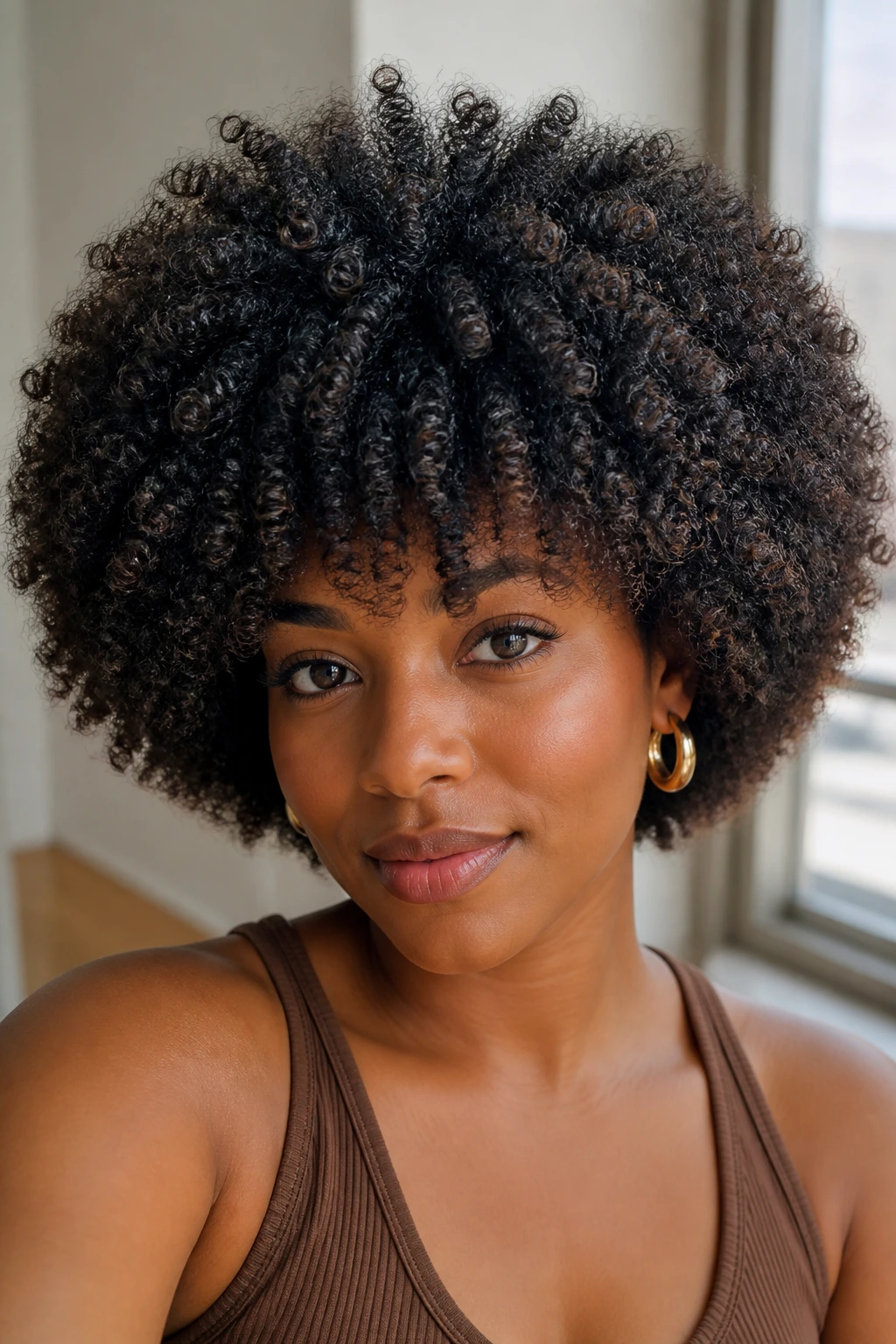 Close-up of rounded Afro with feathered fringe on a real woman