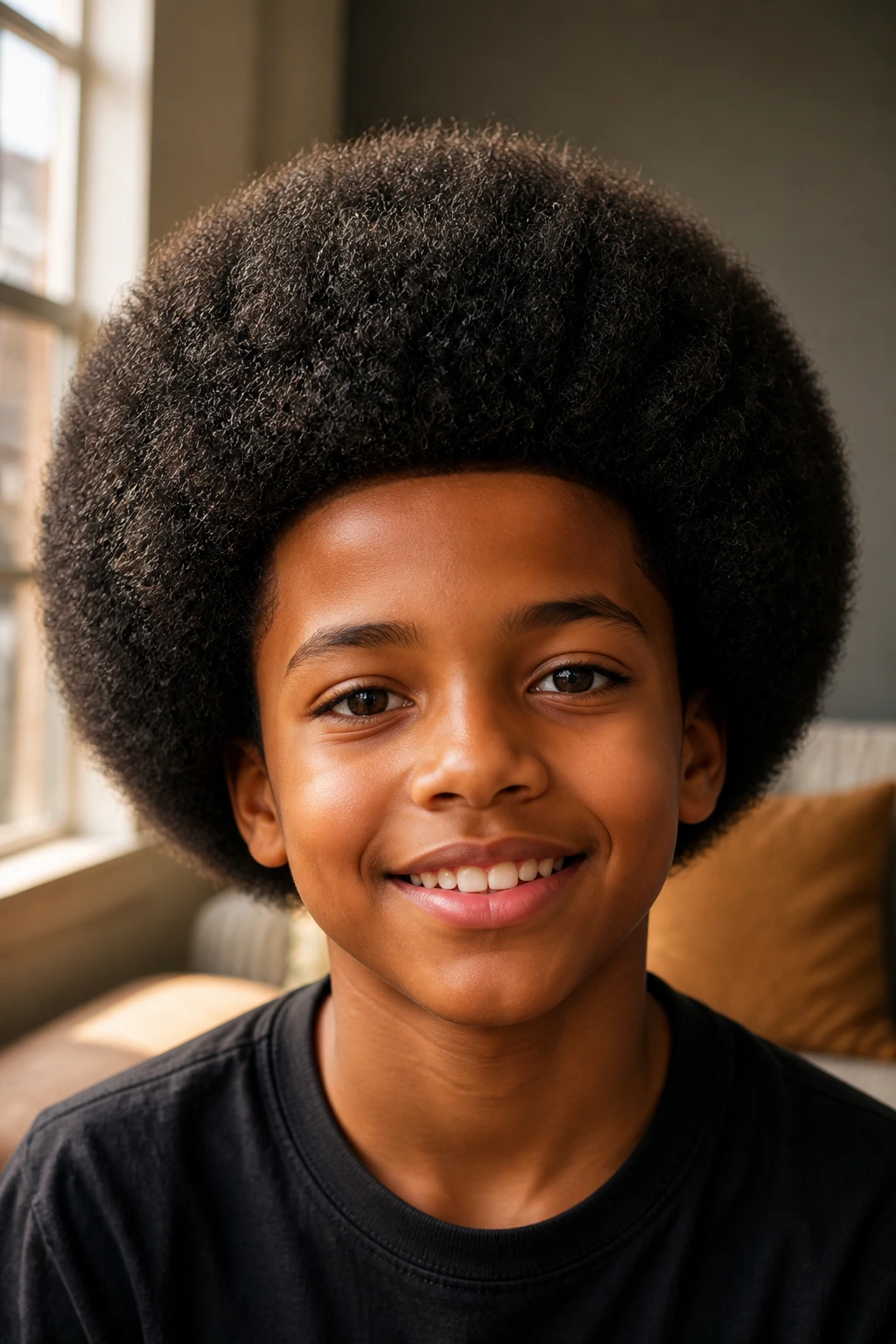Close-up of a boy with a rounded Afro hairstyle, balanced circular silhouette.