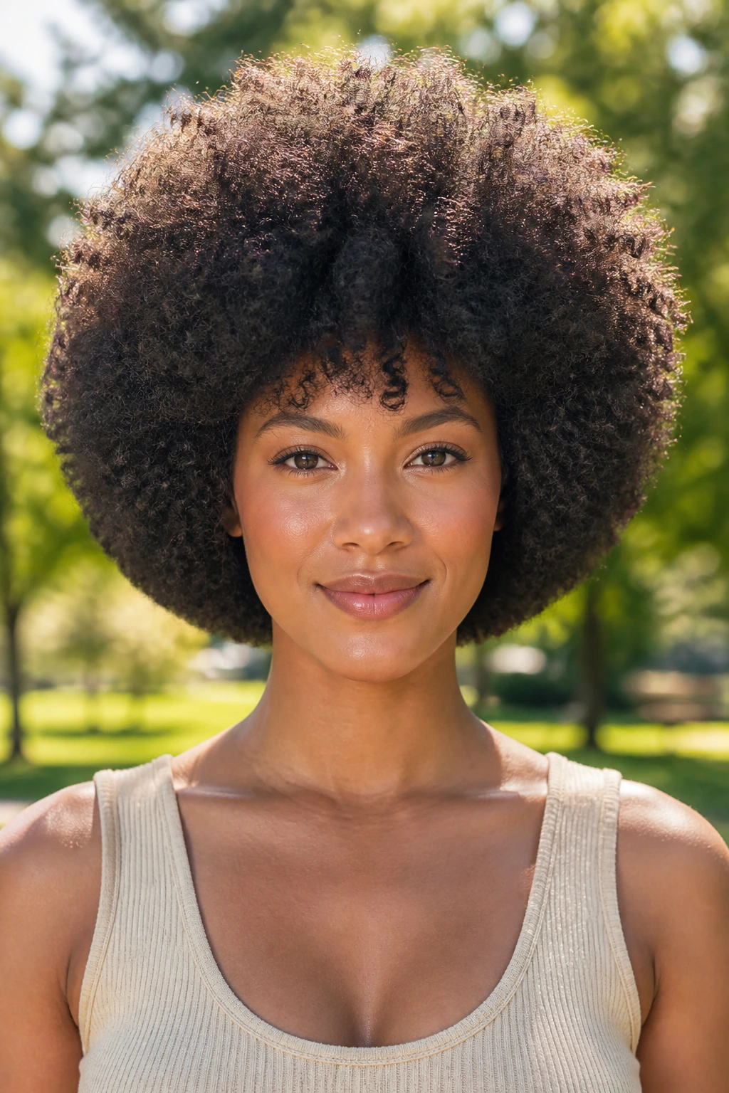 Head-on close-up of a real woman with a rounded afro and soft perimeter.