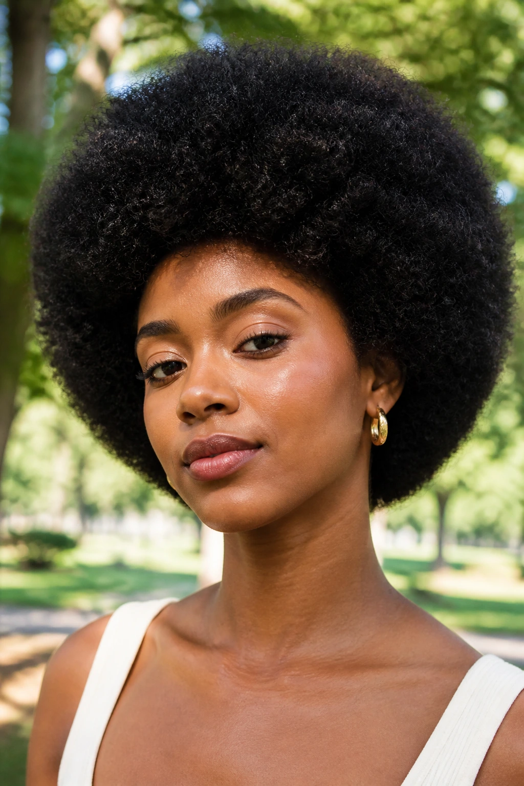 Close-up of a person with a rounded picked-out Afro in natural light