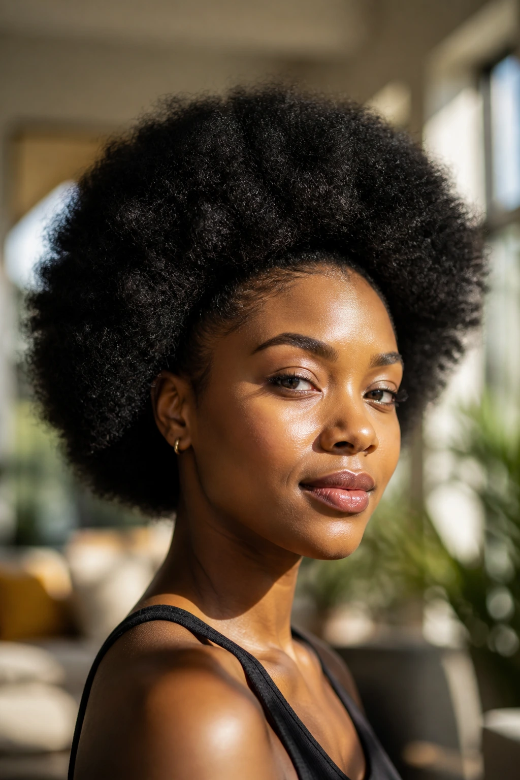 Close-up portrait of a person with a rounded coily afro silhouette in warm natural light