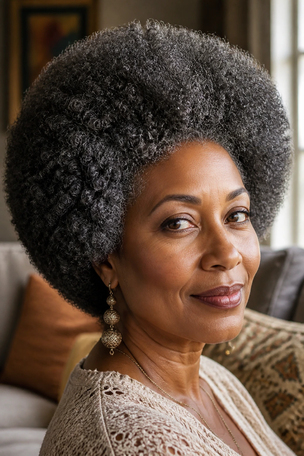 Close-up of a real woman with a rounded Afro and soft edges, with silver curls catching light