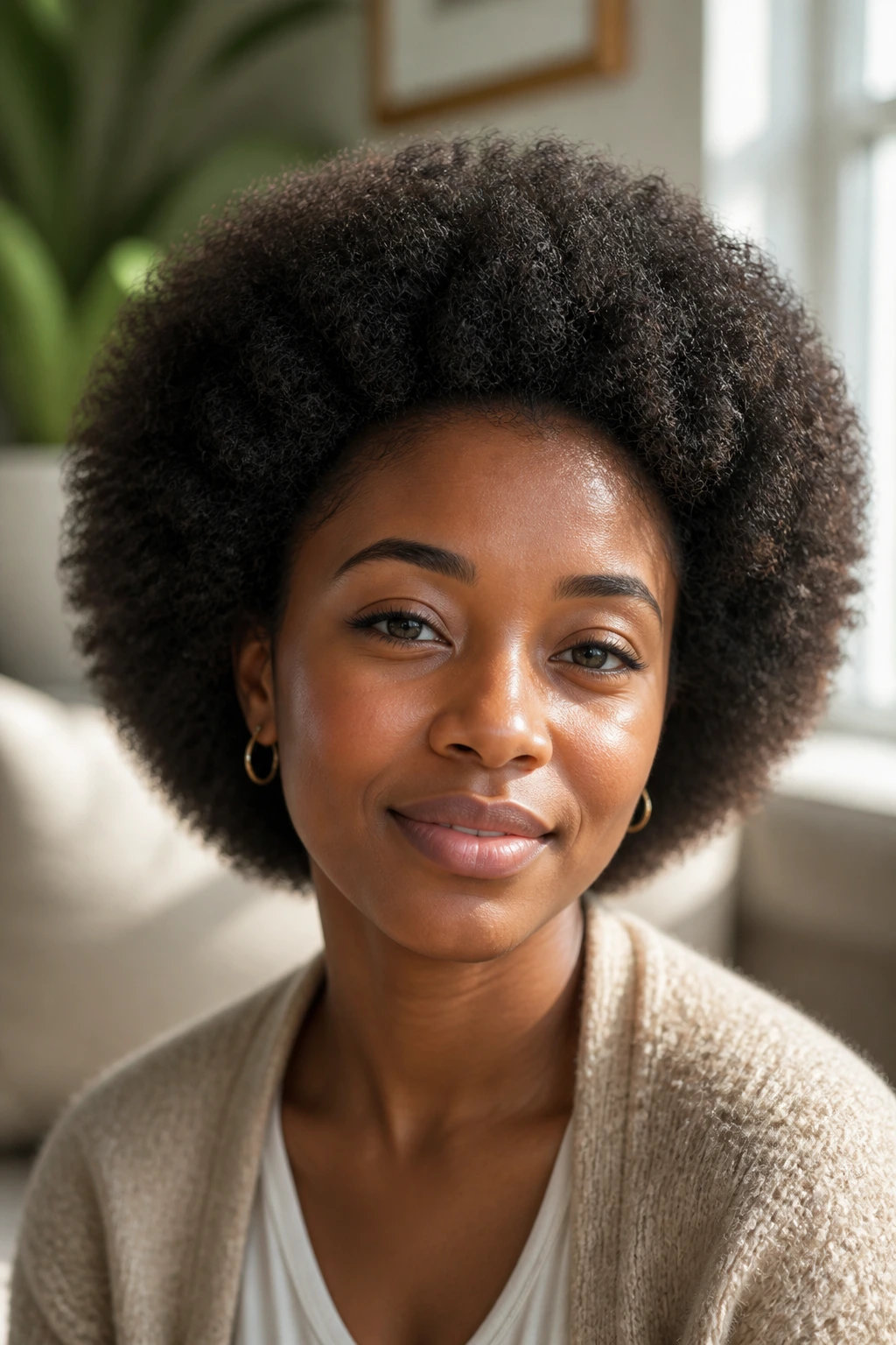 Close-up portrait of a person with a rounded Afro and tapered edge, full silhouette around the face