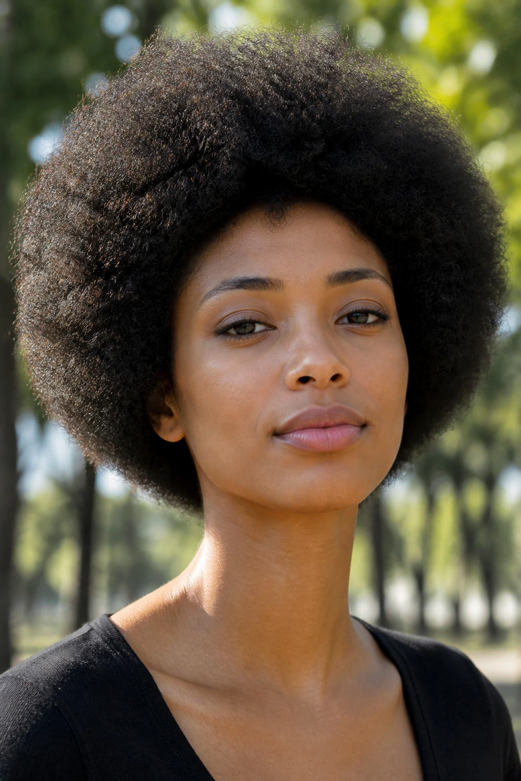 Real person with rounded afro and tapered neck in natural outdoor light.
