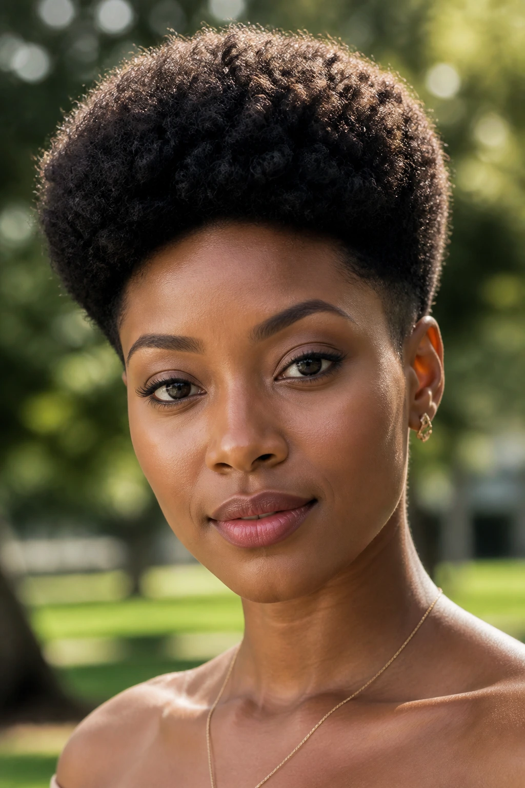Close-up of a real person with rounded Afro shape and tapered sides.